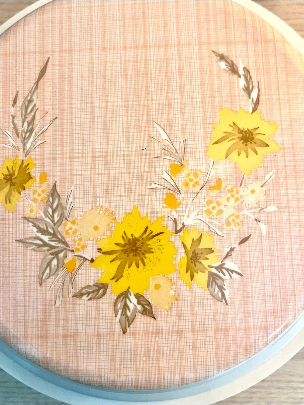 Vintage Bimbo Melamine Covered Casserole Dish Yellow Floral Plaid Lid ~8.5in
